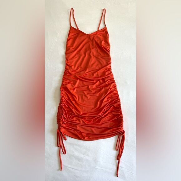 Bright Orange Ruched Side Mini Dress - Picture 3 of 8